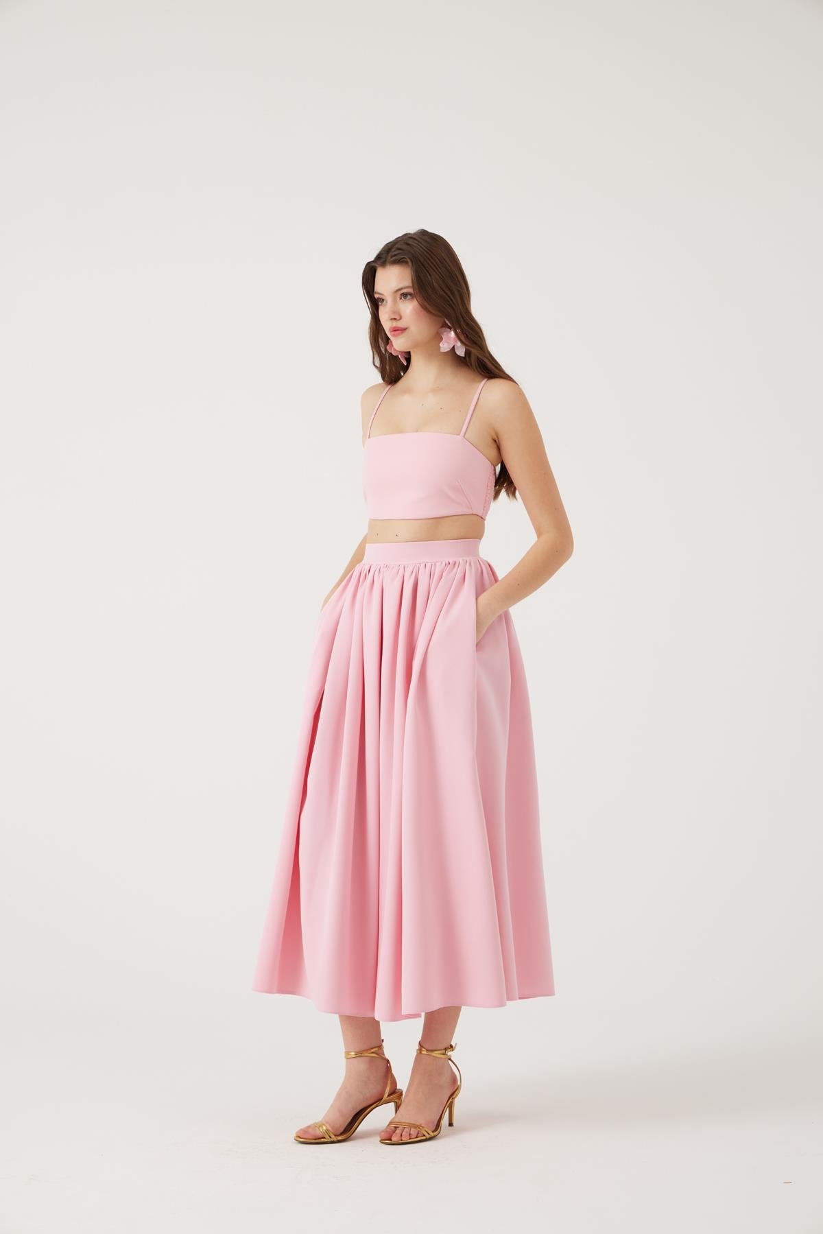 Cepli Uzun Etek Ve Crop İkili Isabella Takım Pembe
