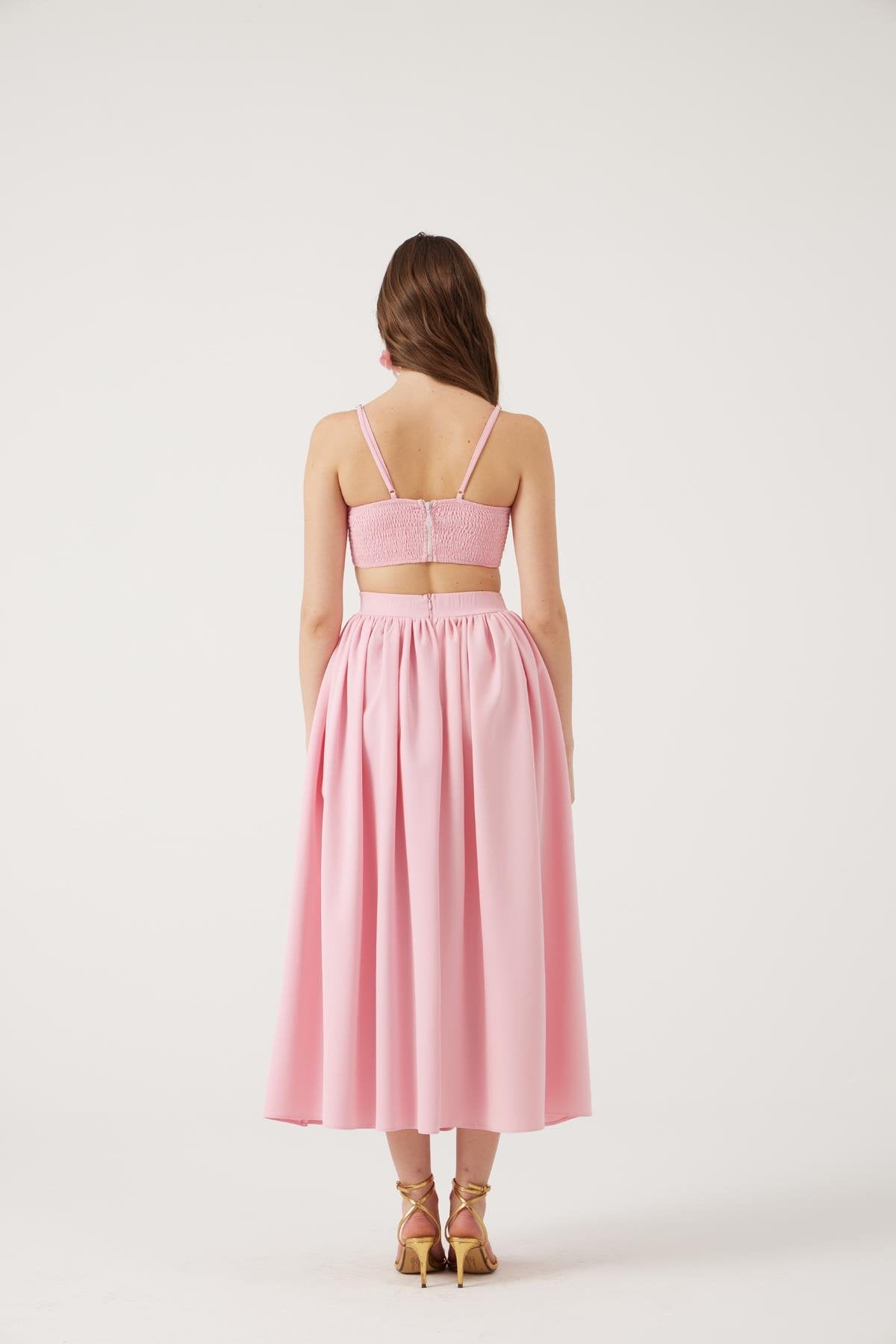 Cepli Uzun Etek Ve Crop İkili Isabella Takım Pembe