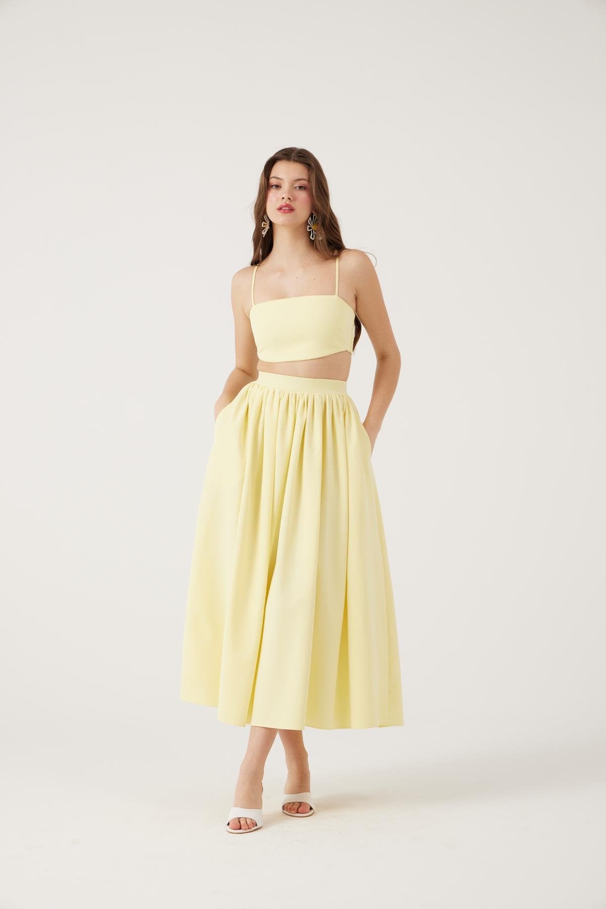 Cepli Uzun Etek Ve Crop İkili Isabella Takım Sarı