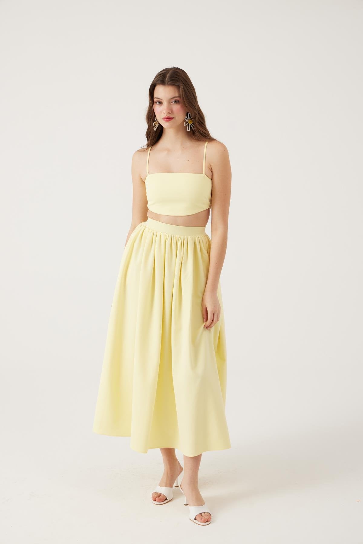 Cepli Uzun Etek Ve Crop İkili Isabella Takım Sarı