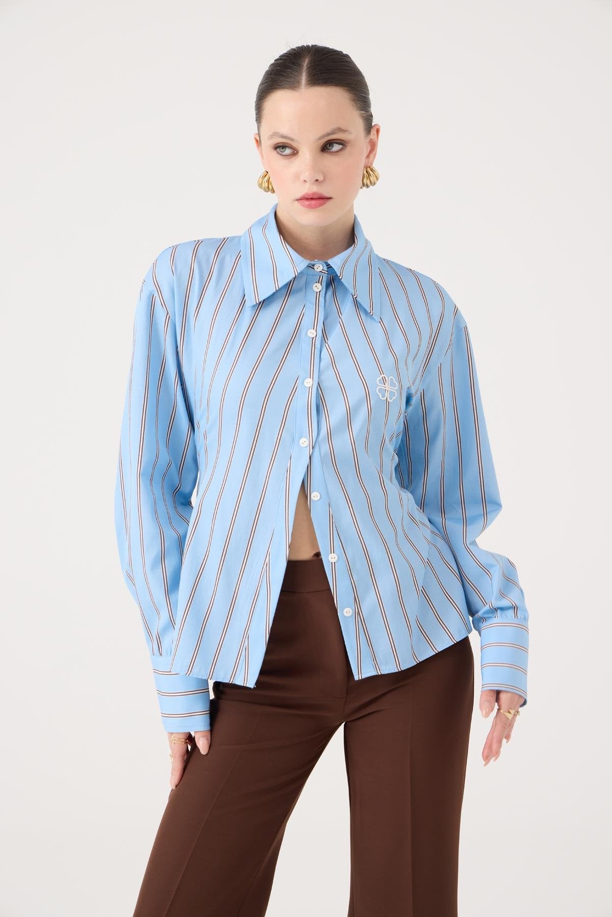 Çizgili Belden Oturmalı Betty Gömlek Mavi