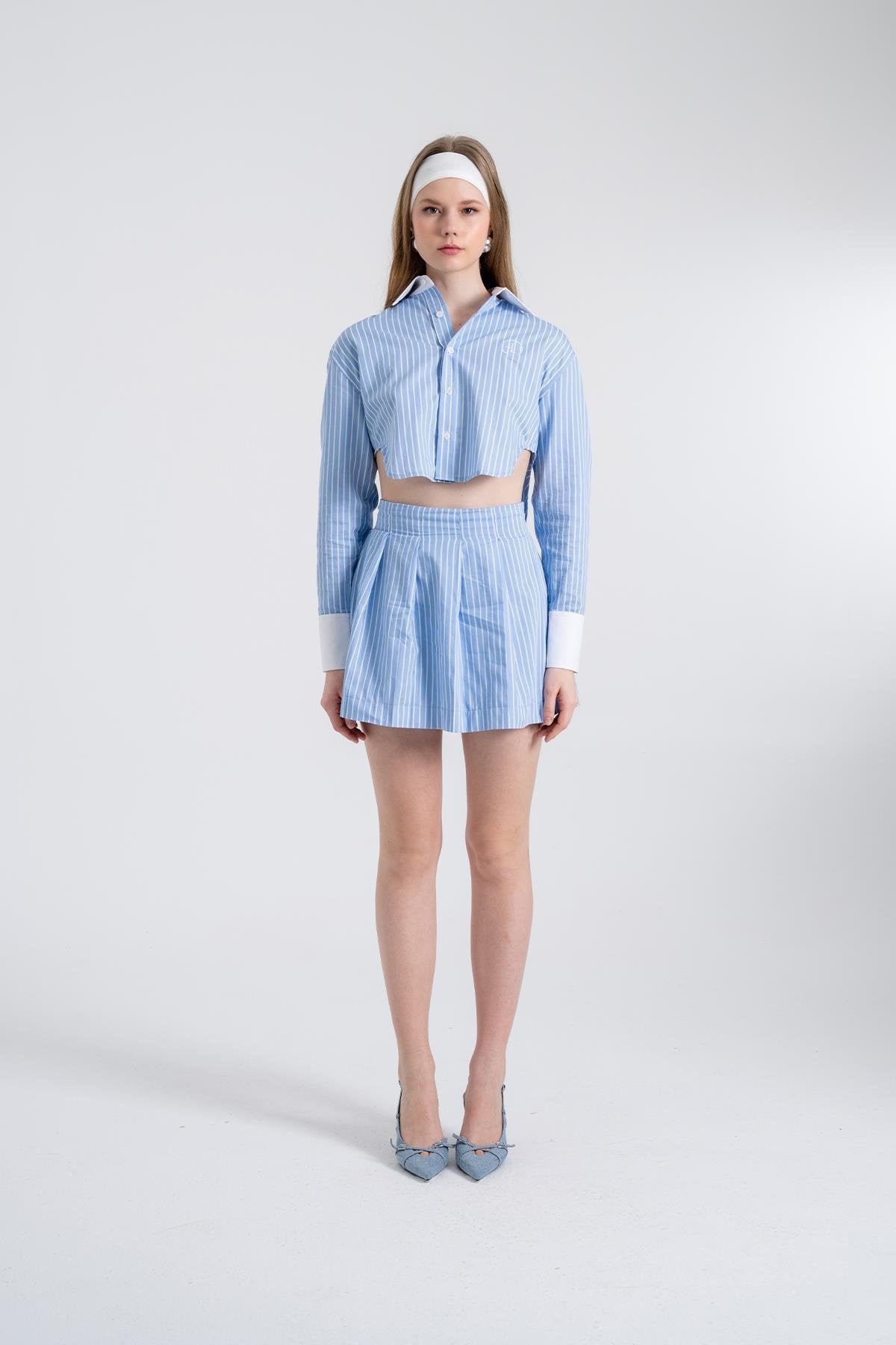 Çizgili Pilili Mini Harmony Poplin Etek Mavi