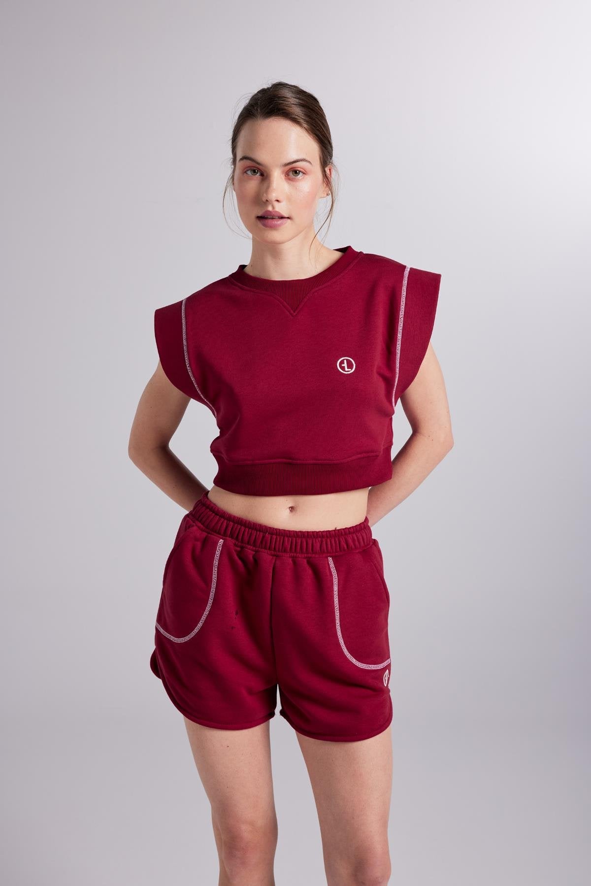 Crop Kesim Kontrast Dikişli Rhode Tshirt Bordo