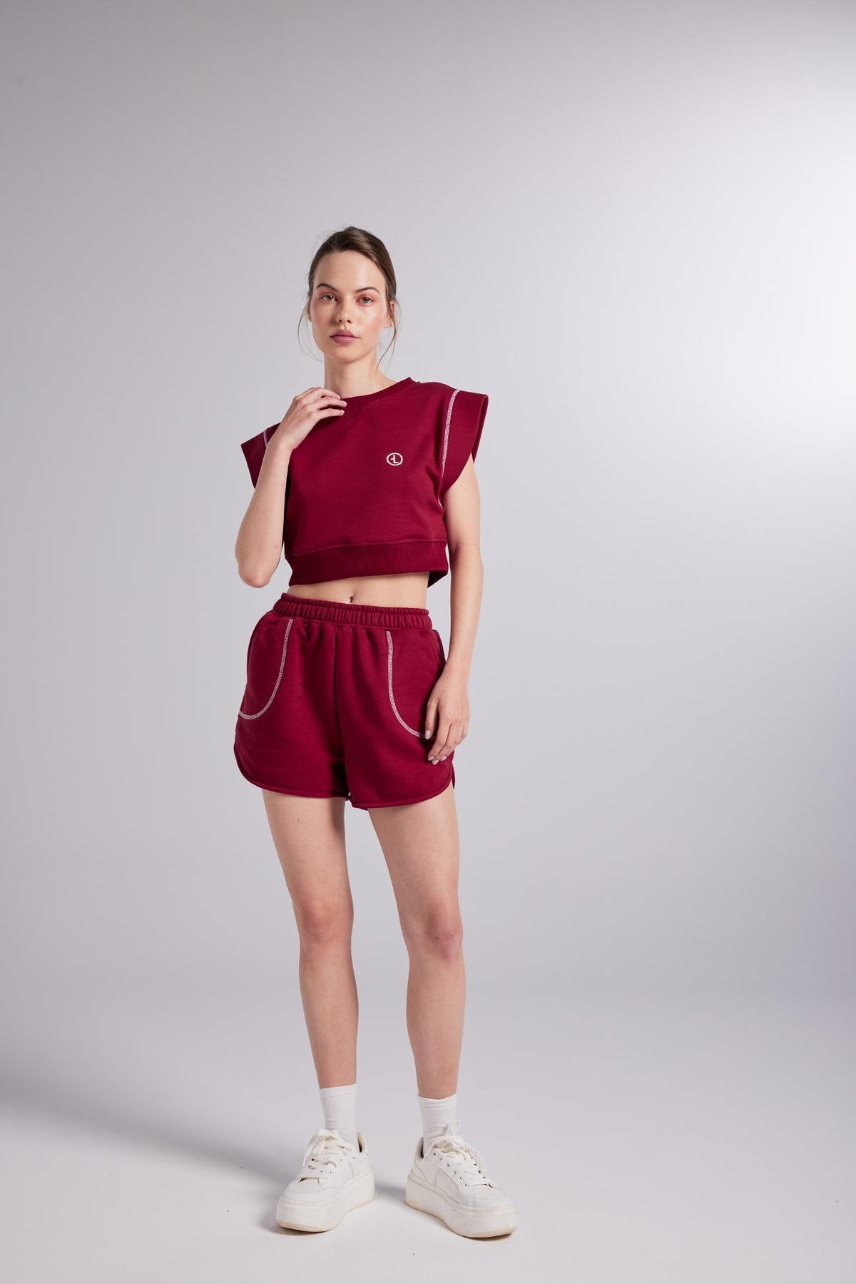 Crop Kesim Kontrast Dikişli Rhode Tshirt Bordo