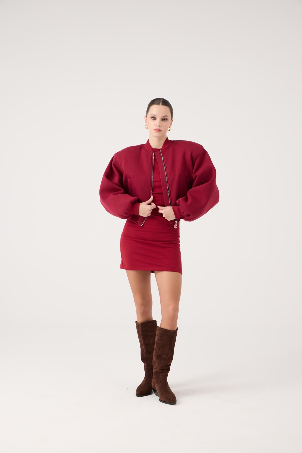 Crop Kesim Vatkalı Parker Bomber Ceket Bordo