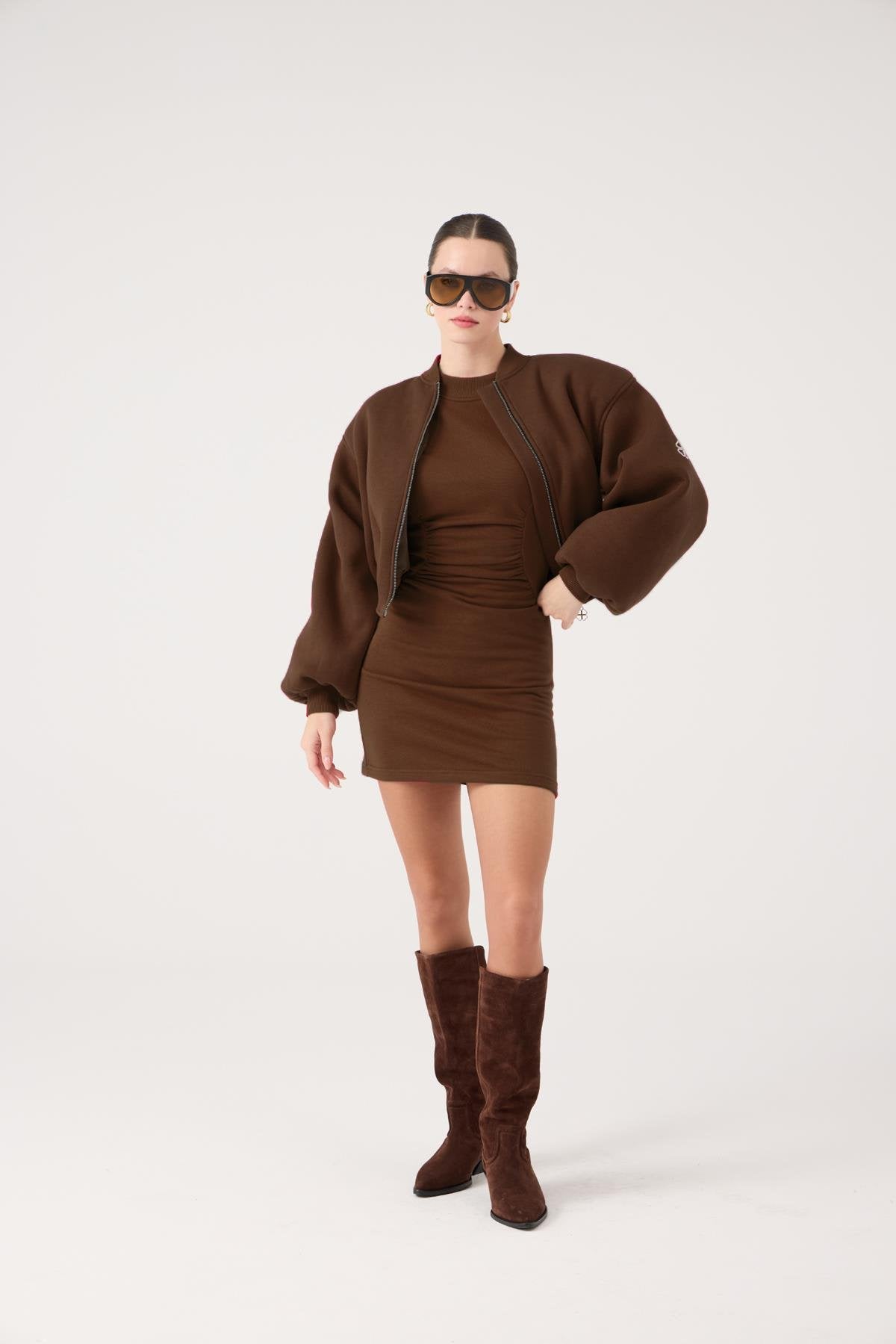 Crop Kesim Vatkalı Parker Bomber Ceket Kahve