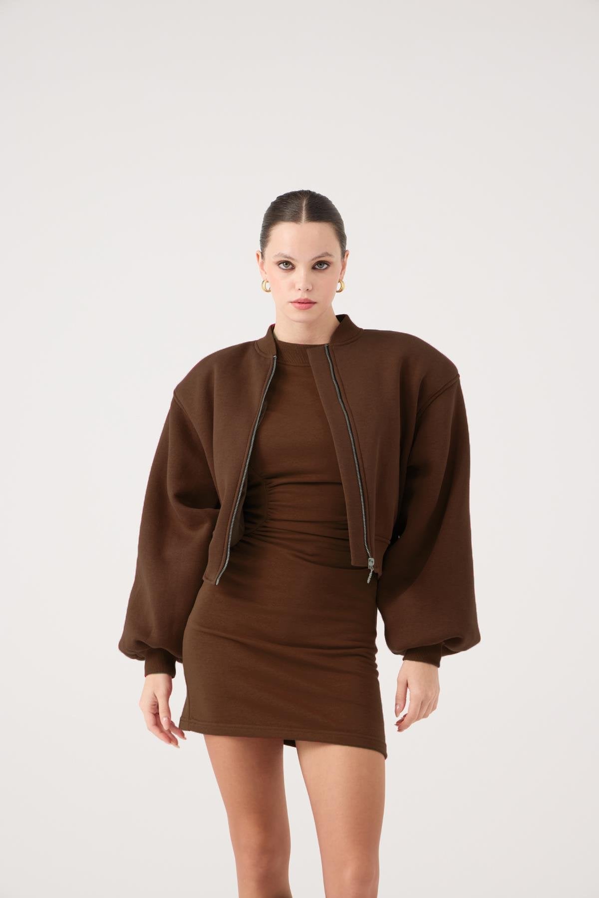 Crop Kesim Vatkalı Parker Bomber Ceket Kahve