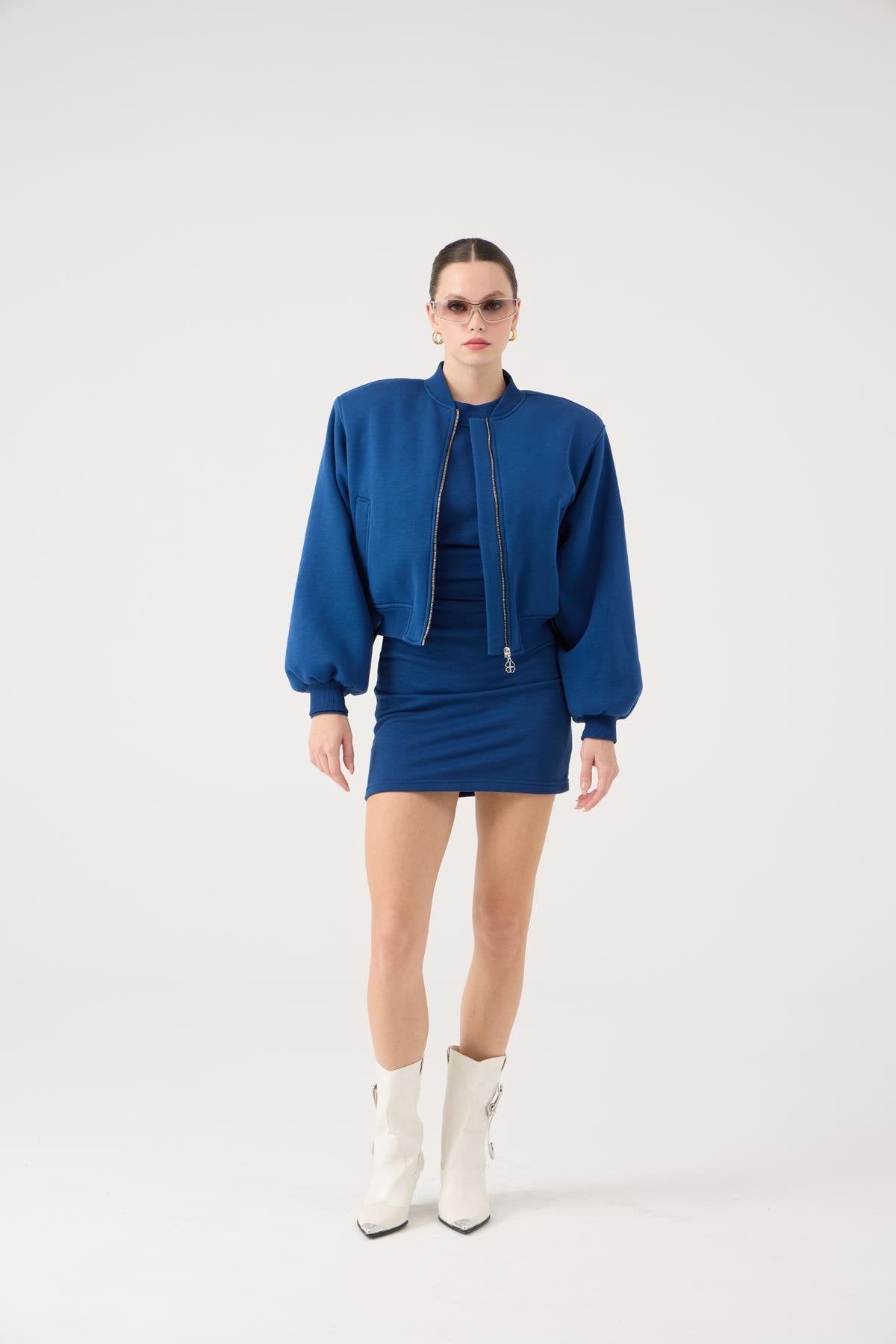 Crop Kesim Vatkalı Parker Bomber Ceket Mavi