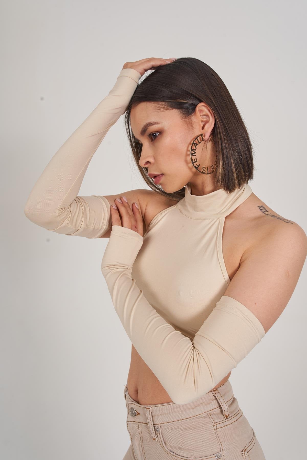 Crop Model Kol Detaylı Pretty Bluz Bej