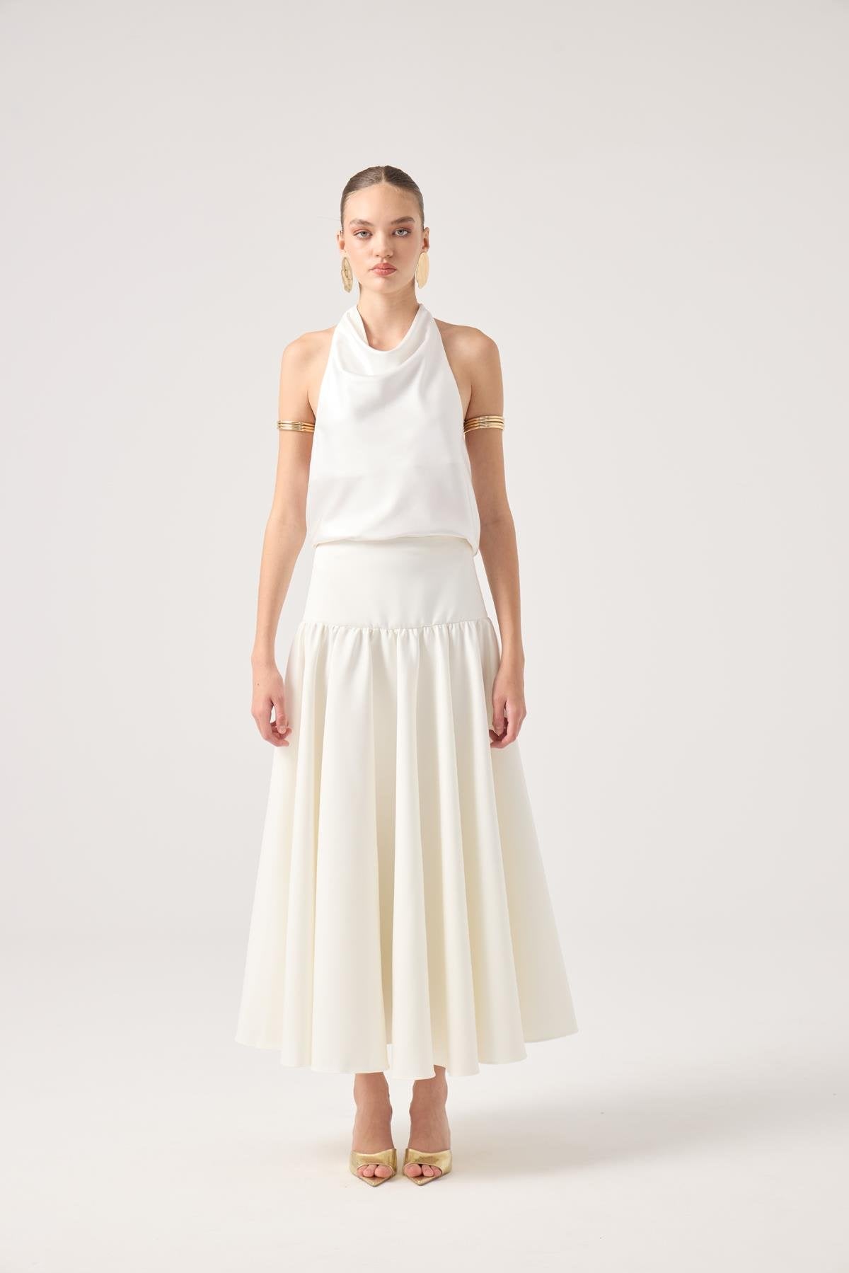 Fermuarlı Uzun Elenor Etek Beyaz
