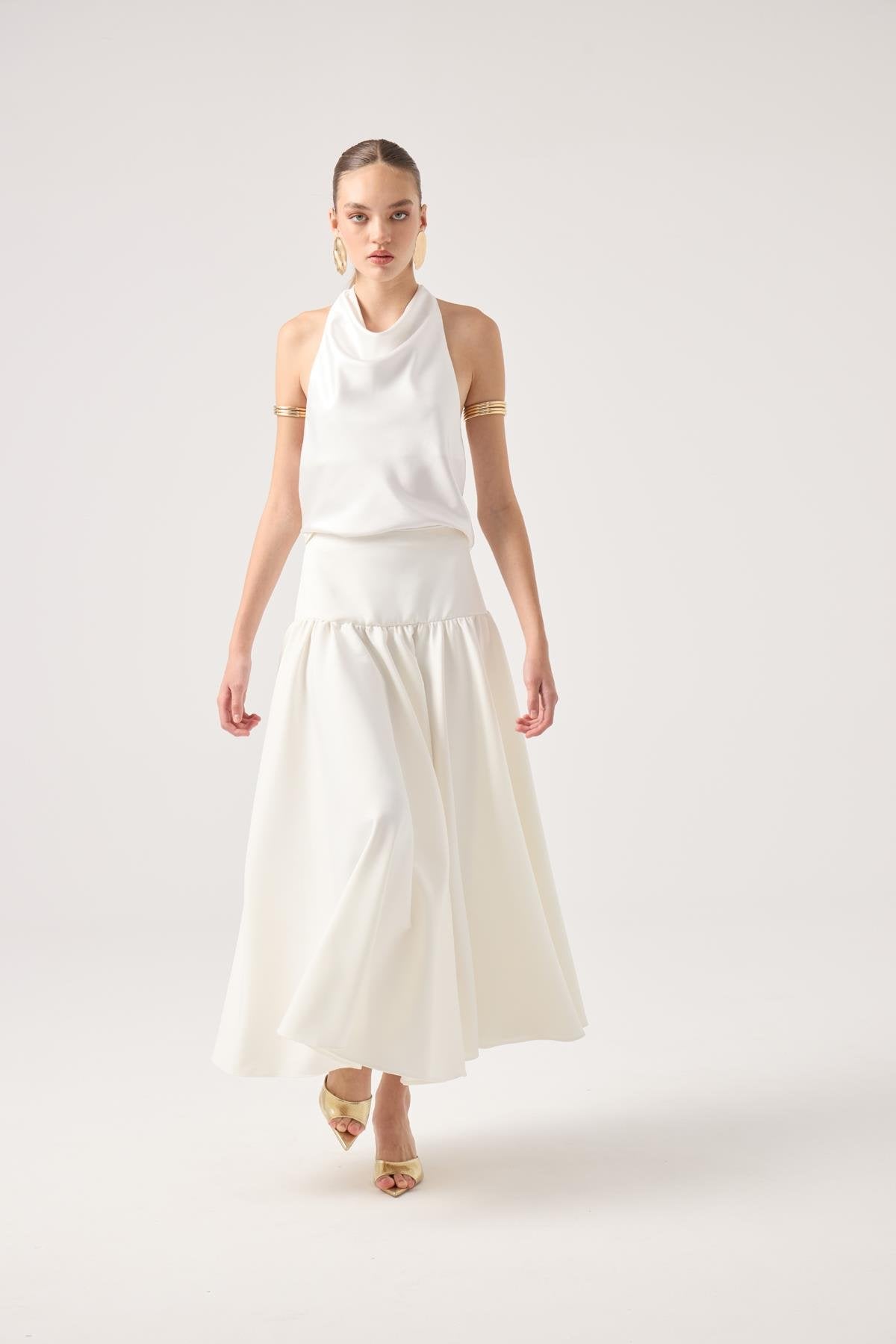 Fermuarlı Uzun Elenor Etek Beyaz