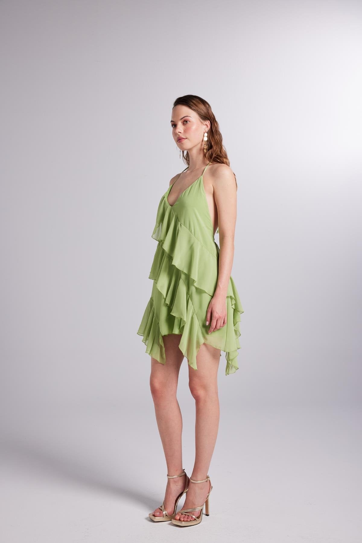 Fırfır Detaylı Bel Dekolteli Şifon Capri Elbise Yeşil