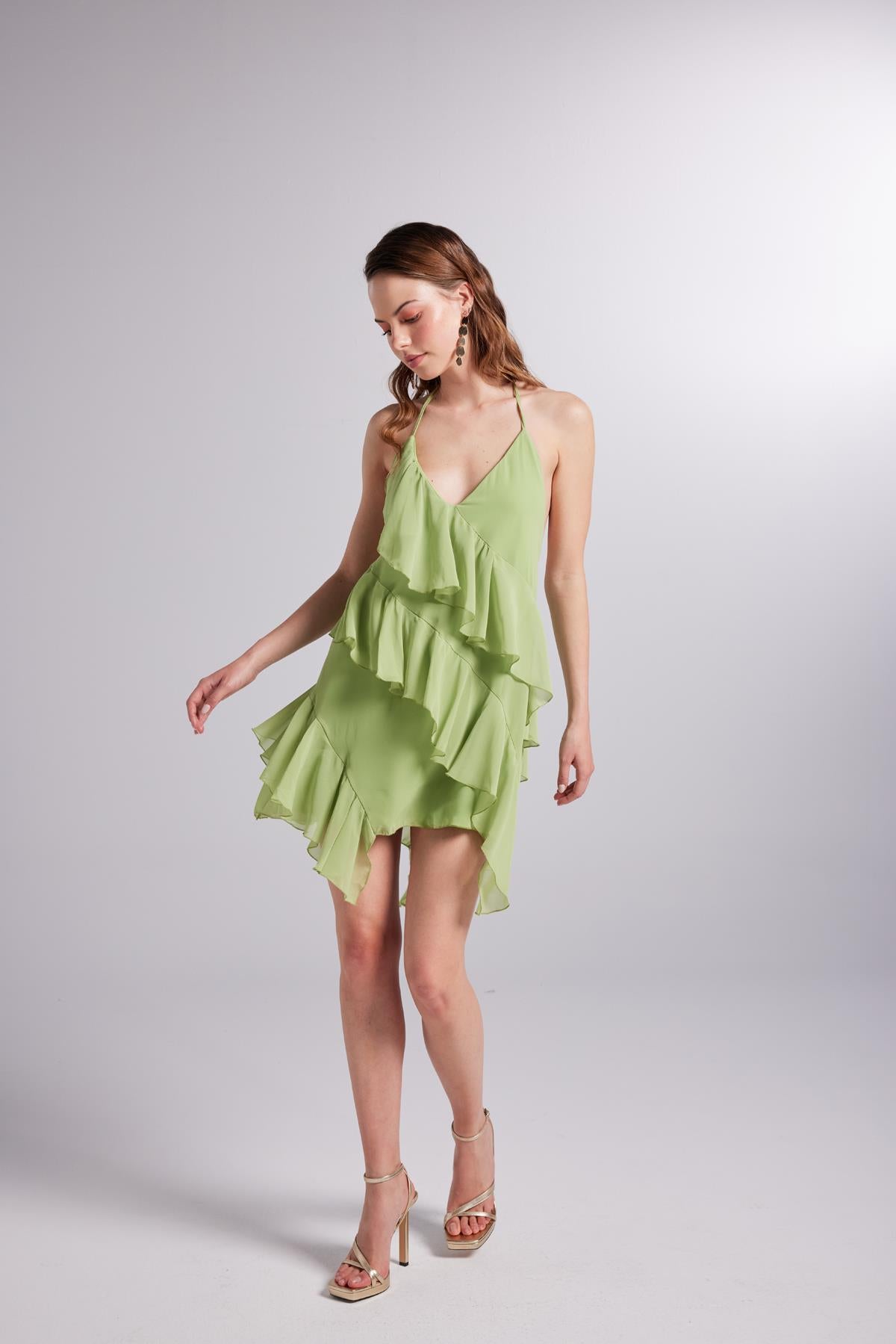 Fırfır Detaylı Bel Dekolteli Şifon Capri Elbise Yeşil