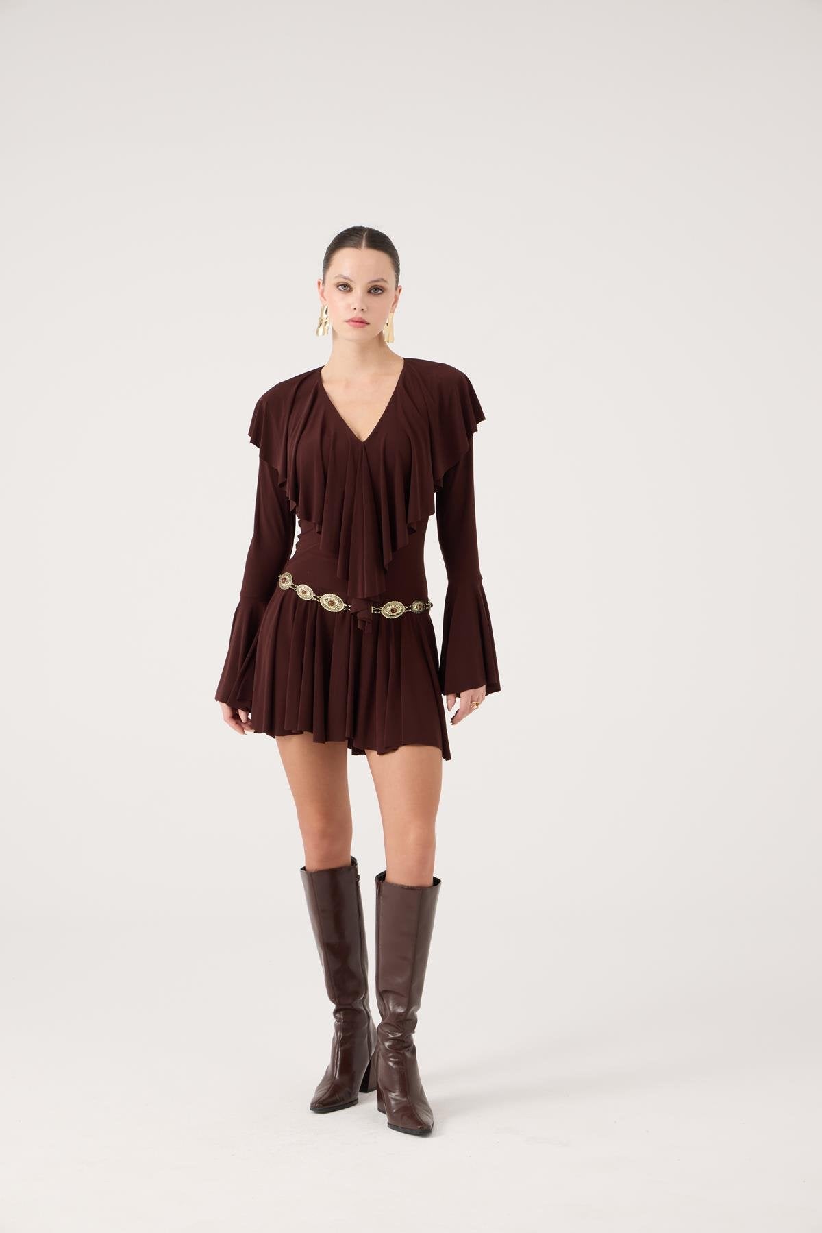 Fırfırlı Mini Yolanthe Elbise Kahve