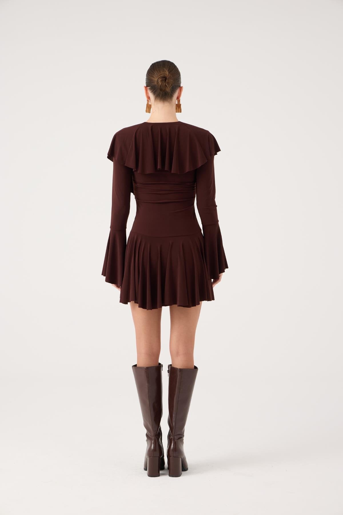 Fırfırlı Mini Yolanthe Elbise Kahve