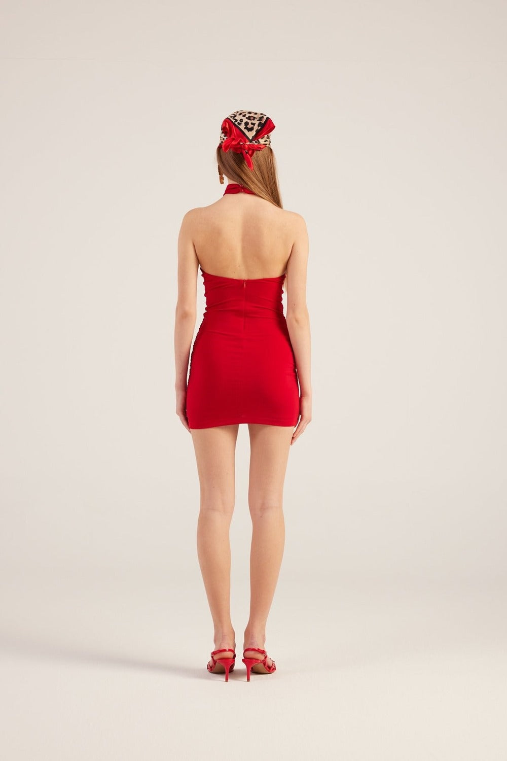 Halter Yaka Büzgülü Mini Perla Elbise Kırmızı