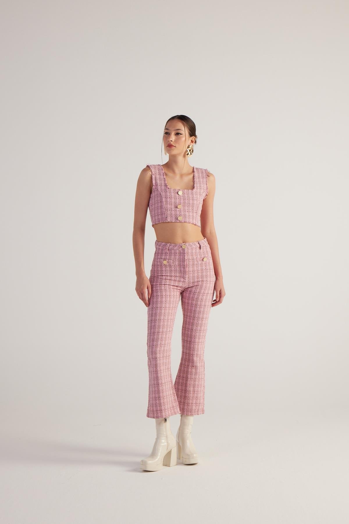 İspanyol Kesim Tüvit Tweed Pantolon Pembe