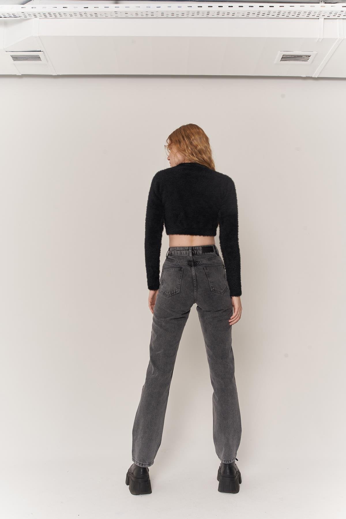 Kadın Gri Denim Kumaş Yüksel Bel Straight Kesim Fuerza Jean Pantolon