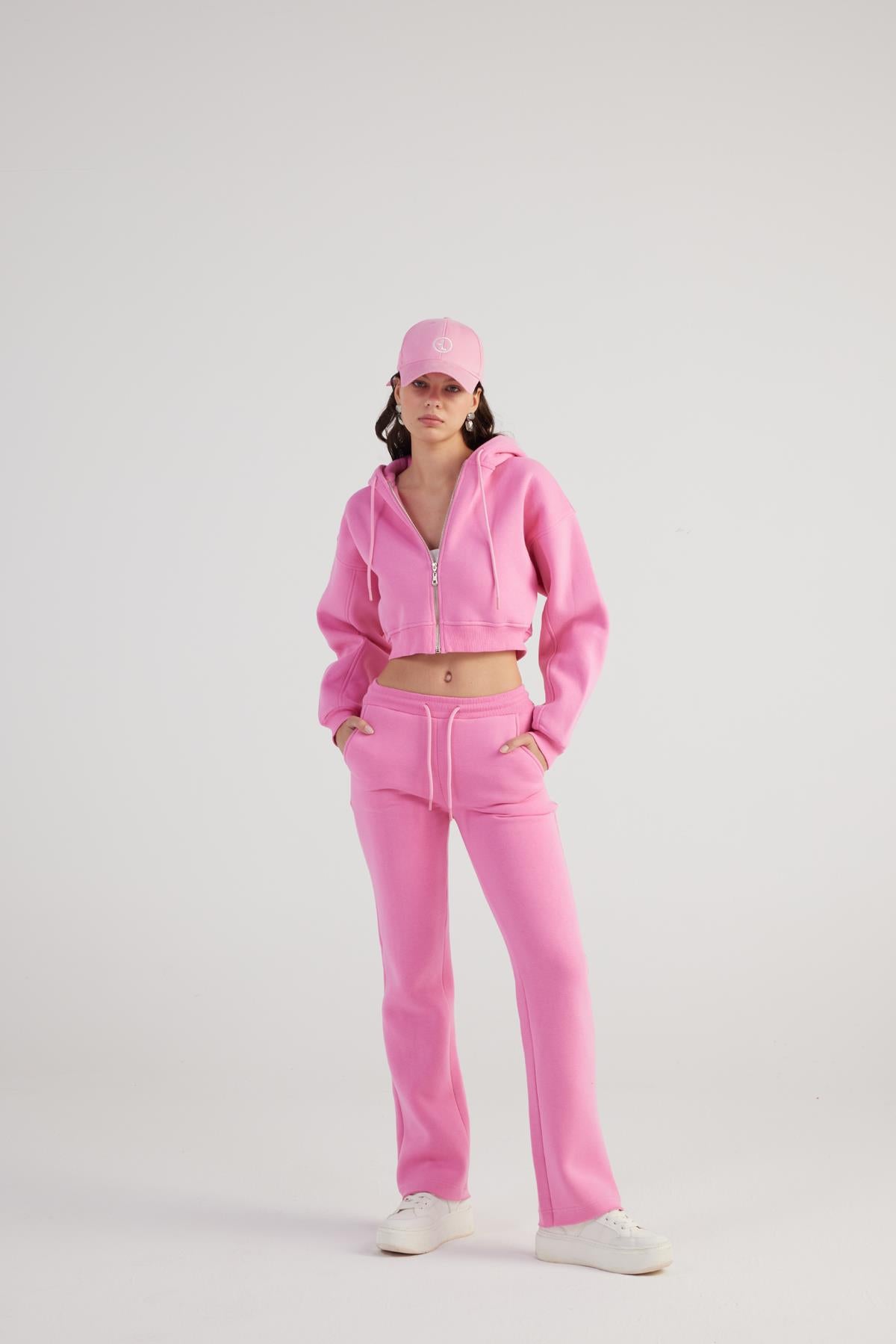 Kadın Pembe Kapüşonlu Uzun Kol Fermuarlı Crop Mixed Sweat