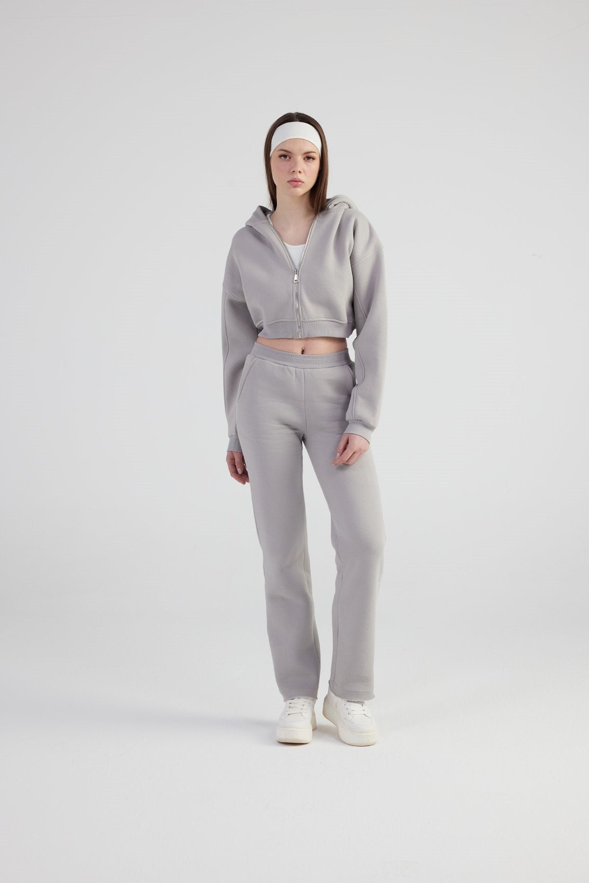 Kadın Gri Kapüşonlu Uzun Kol Fermuarlı Crop Mixed Sweat