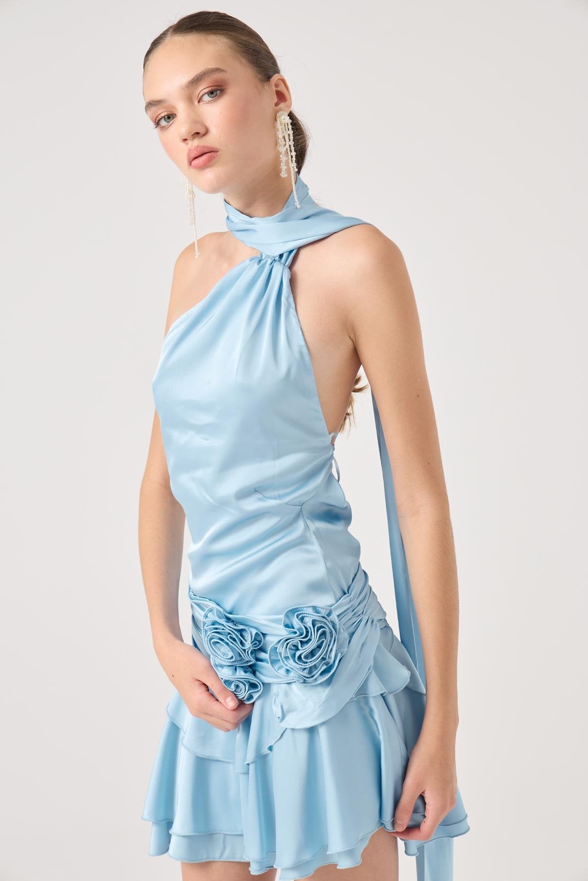 Kemerli Mini Saten Giana Elbise Mavi