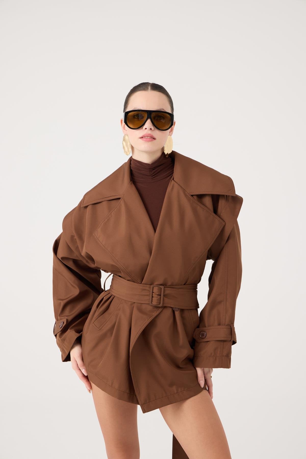 Kemerli Oversize Kesim Sara Trençkot Kahve