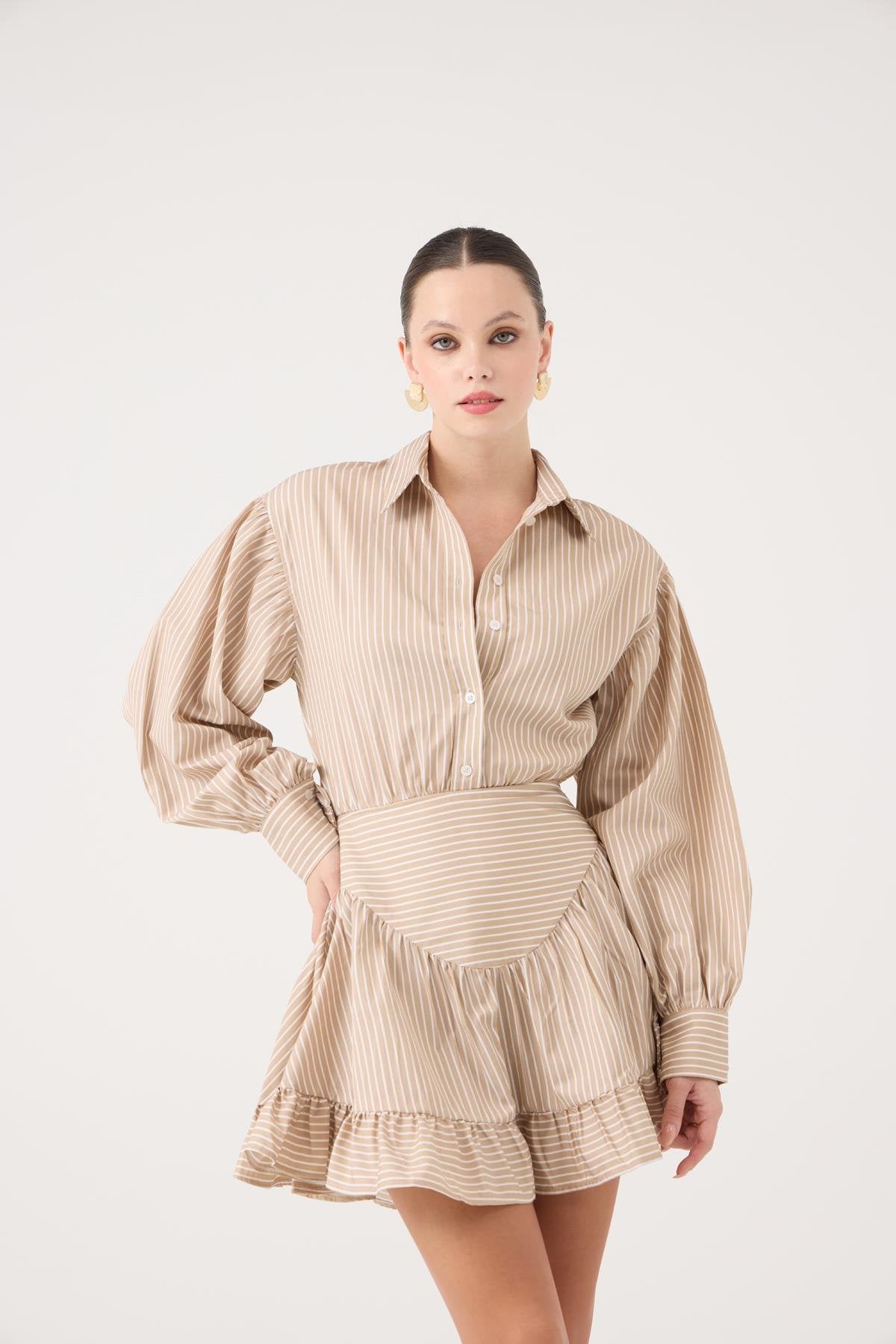 Korse Görünümlü Mini Ashley Elbise Bej