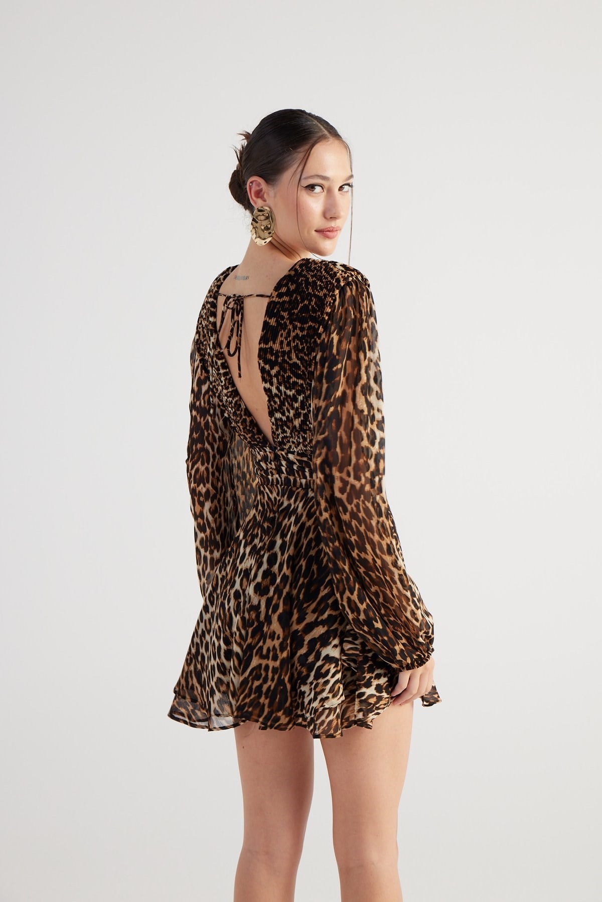 Leopar Desenli V Yaka Mini Janet Elbise Kahve