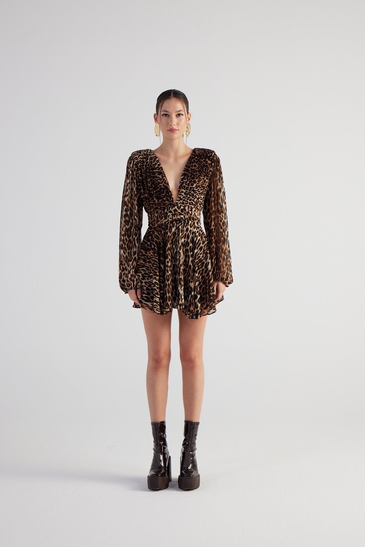 Leopar Desenli V Yaka Mini Janet Elbise Kahve