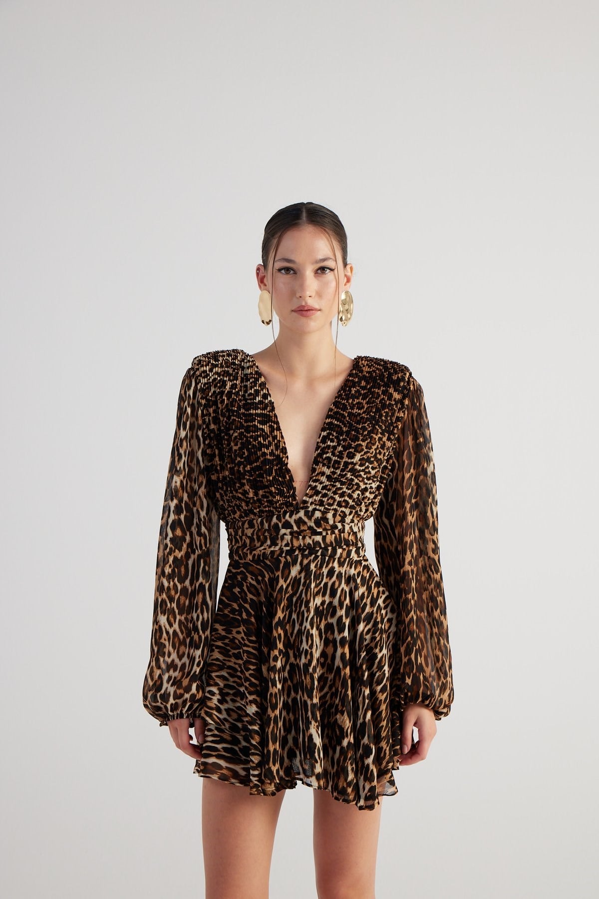Leopar Desenli V Yaka Mini Janet Elbise Kahve