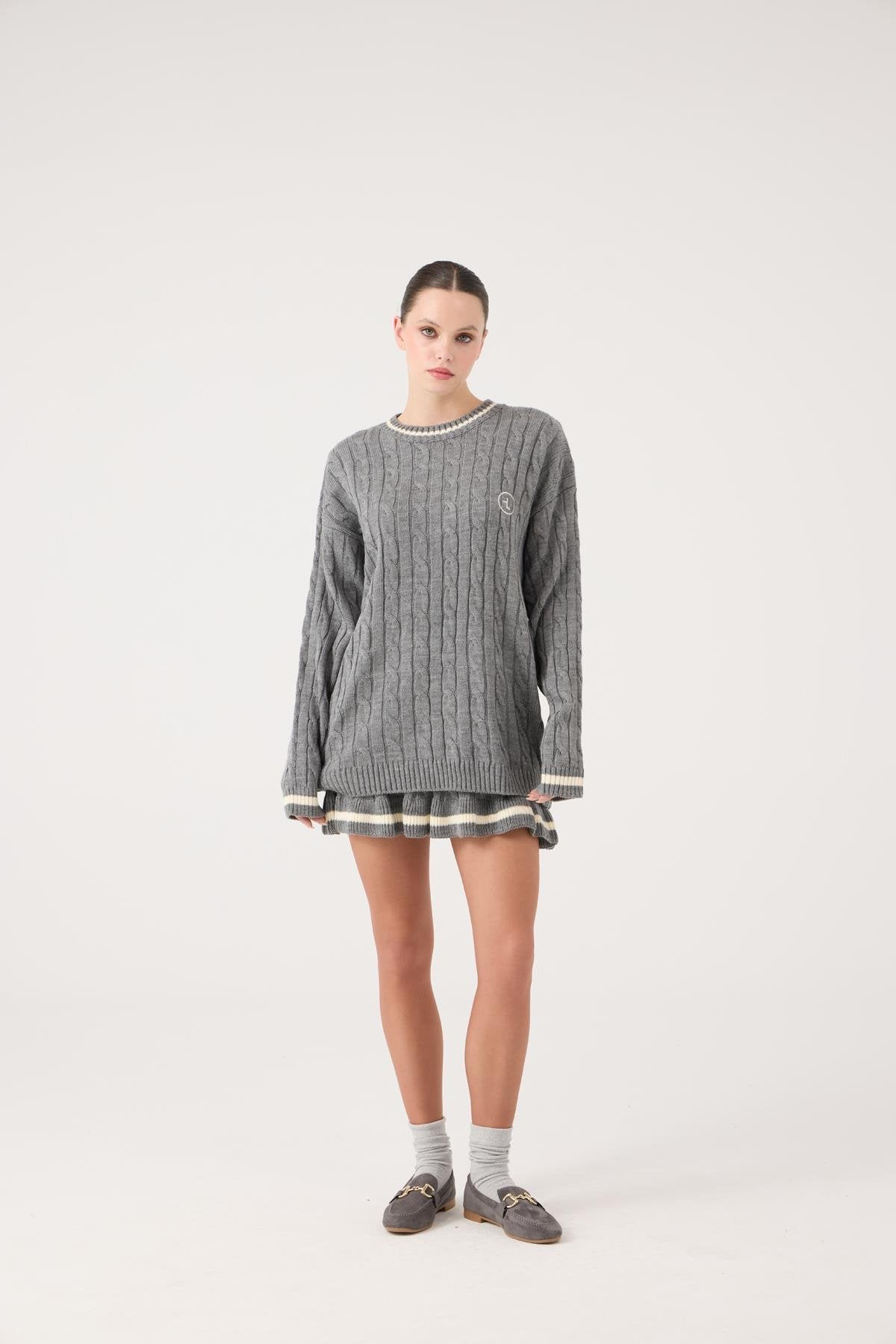 Logolu Örgü Desenli Oversize Triko Harold Kazak Gri