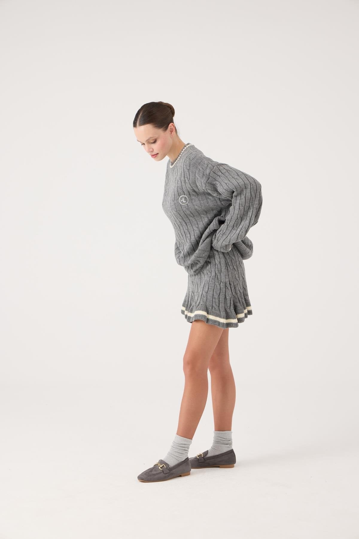 Logolu Örgü Desenli Oversize Triko Harold Kazak Gri