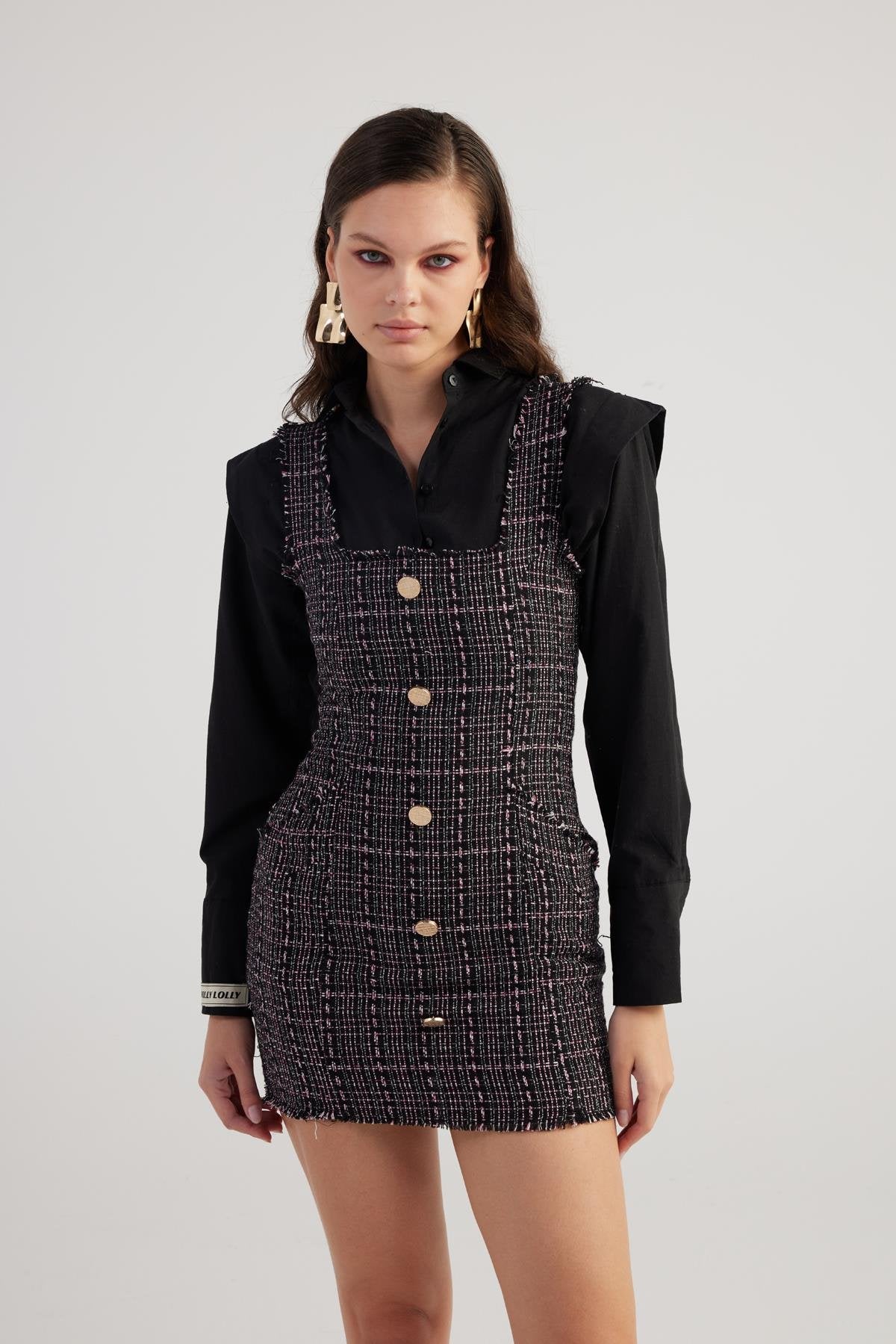Metal Düğme Detaylı Mini Tweed Elbise Siyah