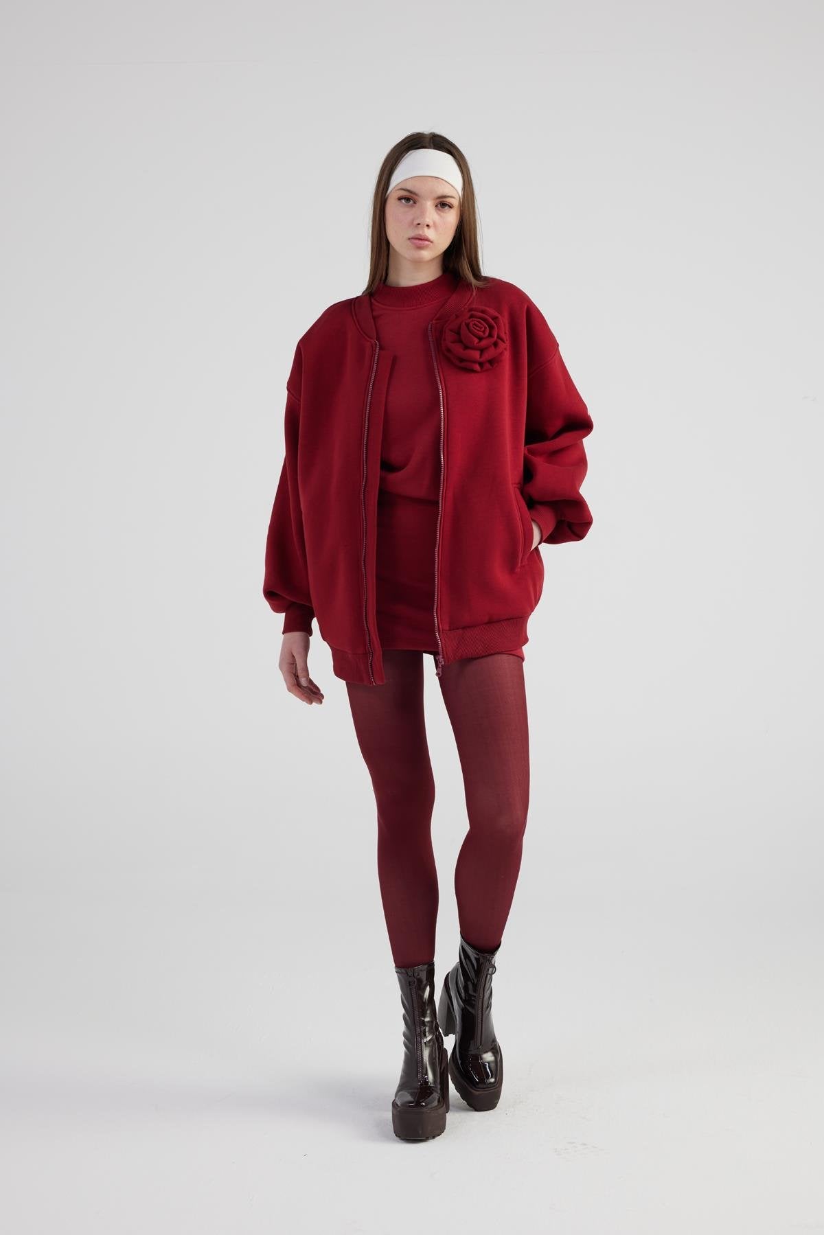 Oversize Çıkarılabilir Gül Detaylı Astarlı Alexa Bomber Ceket Bordo