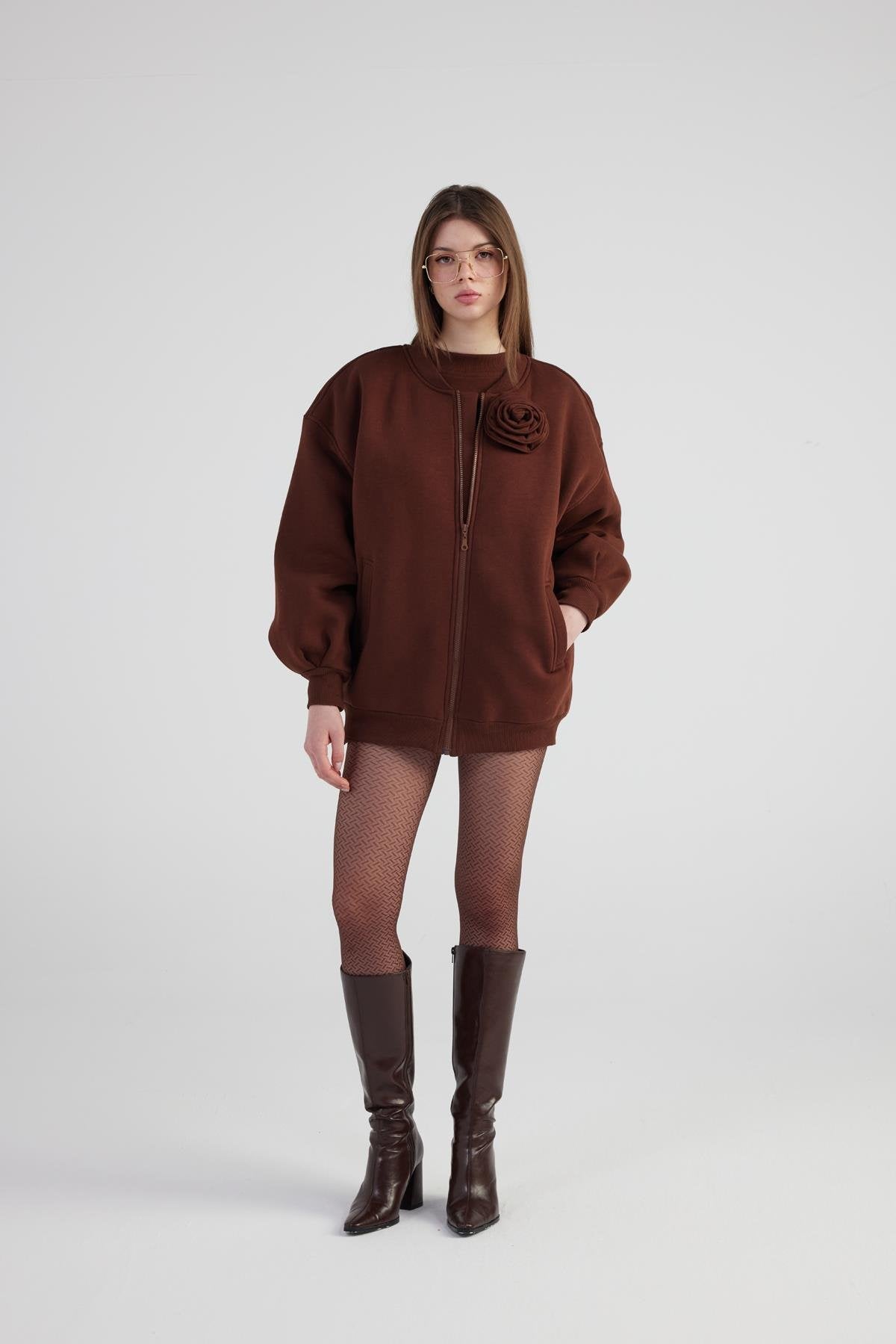 Oversize Çıkarılabilir Gül Detaylı Astarlı Alexa Bomber Ceket Kahve