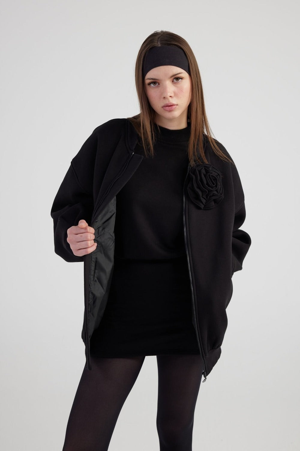 Oversize Çıkarılabilir Gül Detaylı Astarlı Alexa Bomber Ceket Siyah