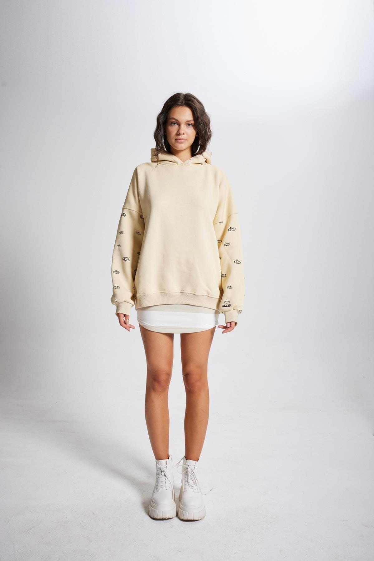 Oversize Kapüşonlu Unisex Eye Sweat Bej