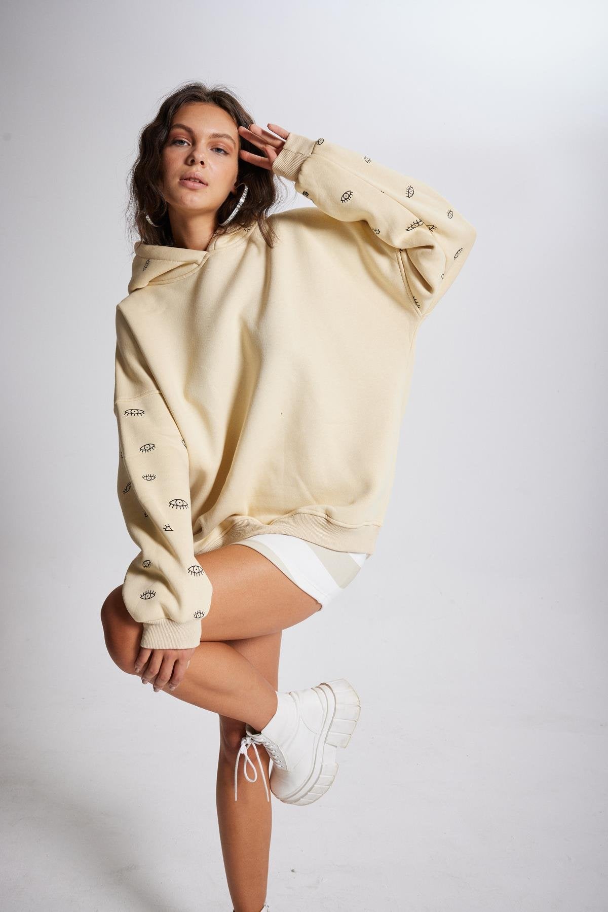 Oversize Kapüşonlu Unisex Eye Sweat Bej