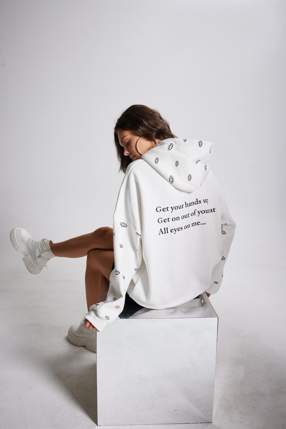 Oversize Kapüşonlu Unisex Eye Sweat Beyaz