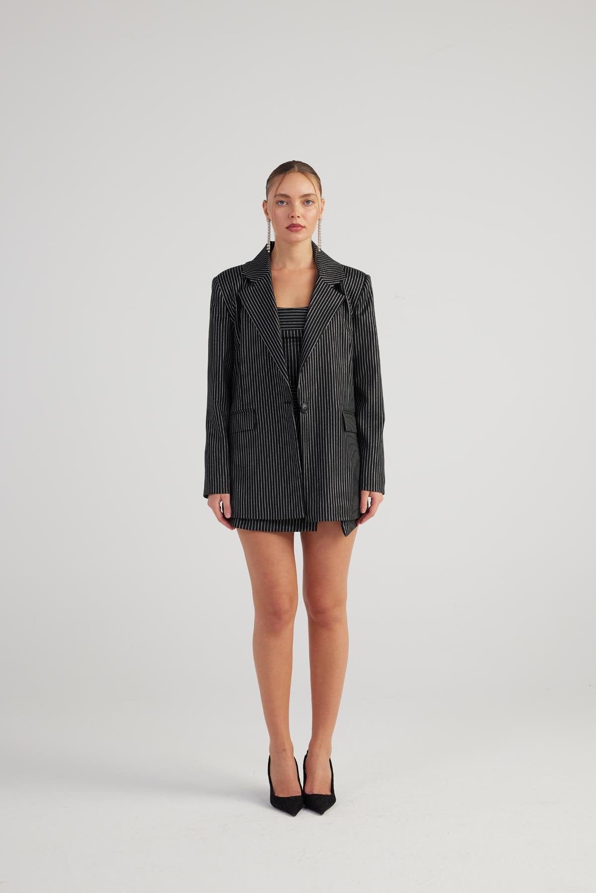 Oversize Kesim Simli Çizgili Eden Blazer Ceket Siyah