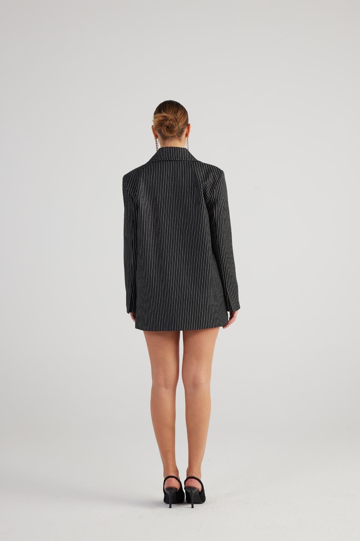 Oversize Kesim Simli Çizgili Eden Blazer Ceket Siyah