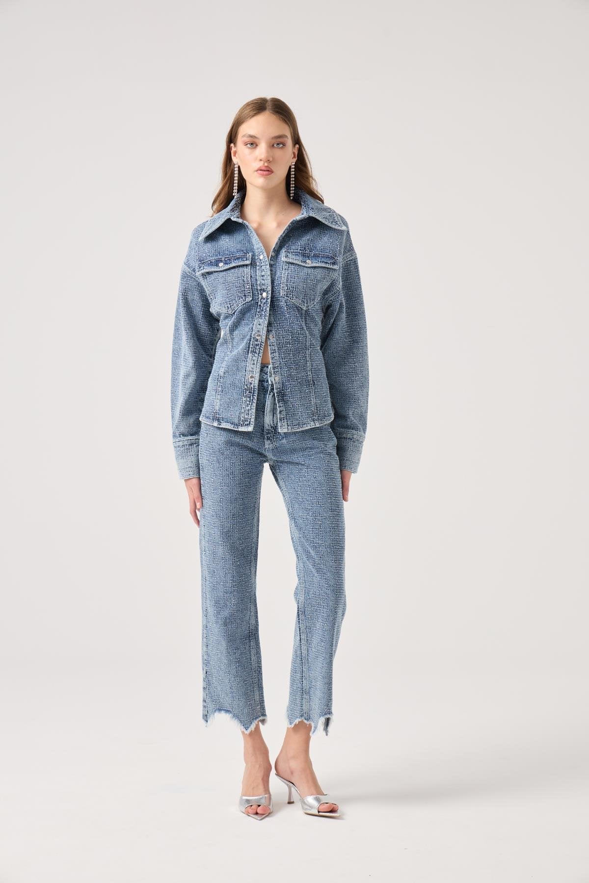 Özel Kumaş Efektli Laura Jean Pantolon Mavi