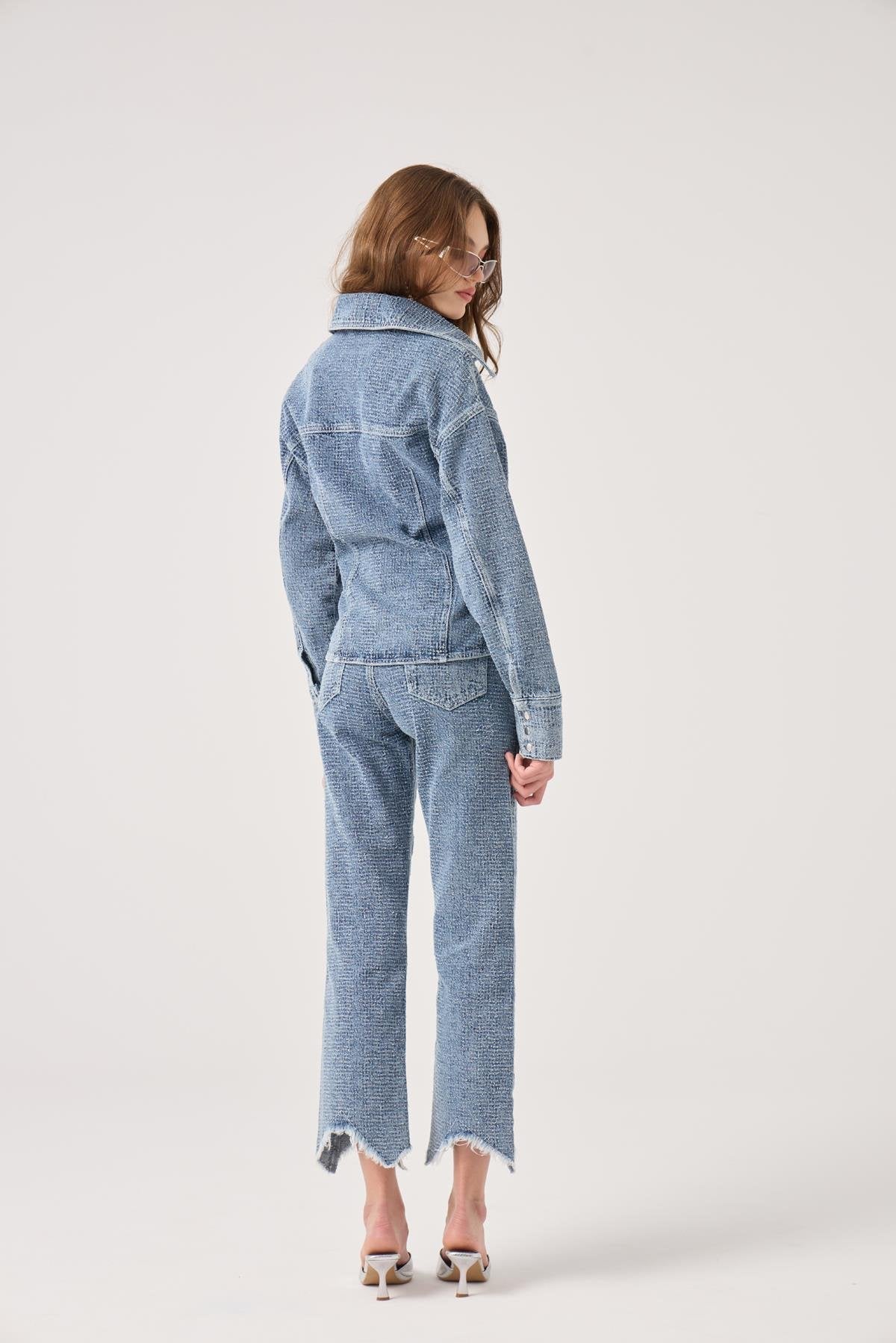 Özel Kumaş Efektli Laura Jean Pantolon Mavi