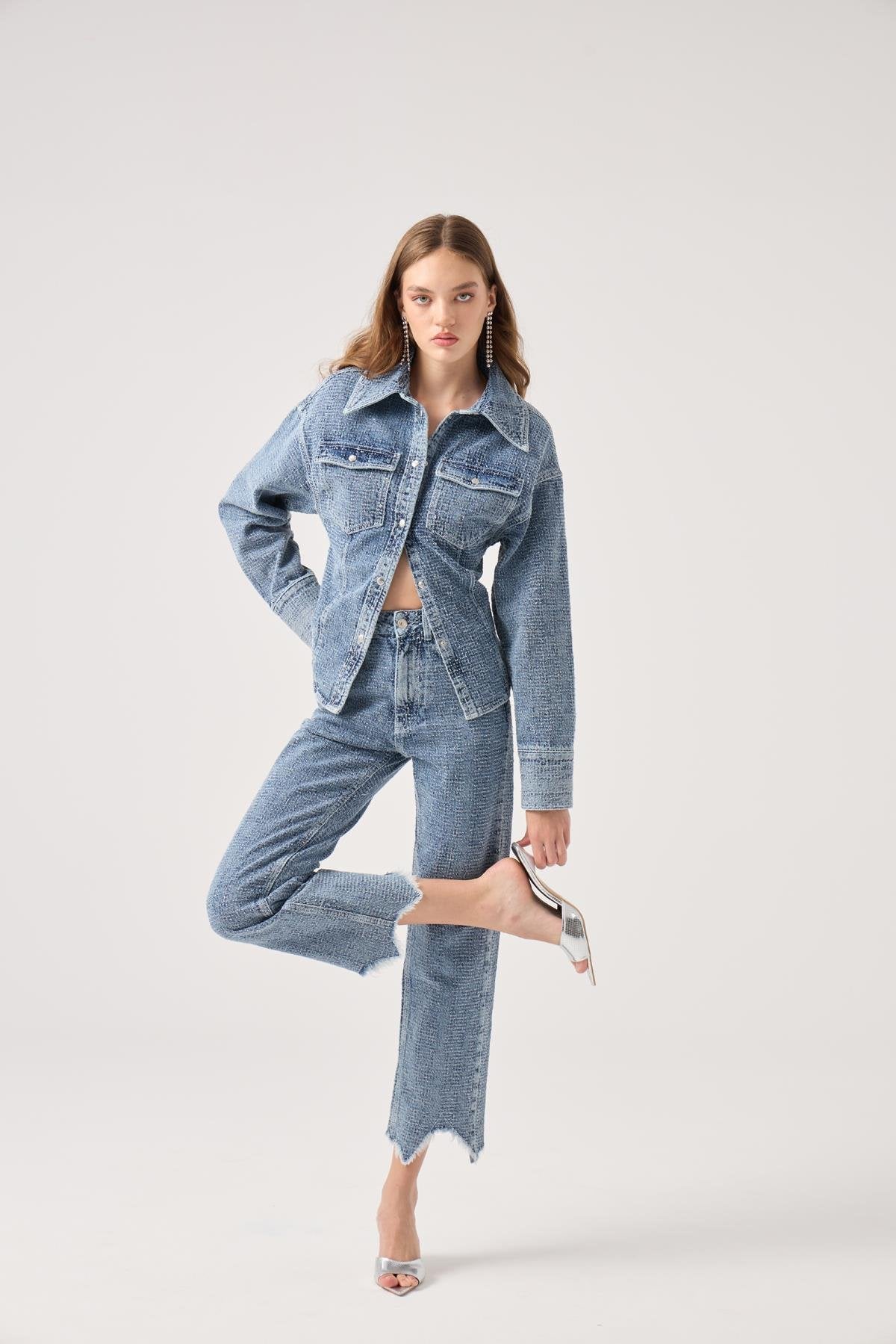 Özel Kumaş Efektli Laura Jean Pantolon Mavi