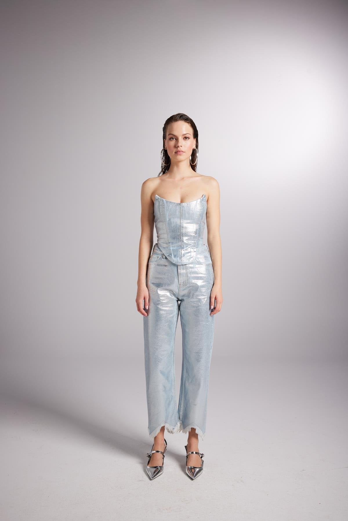 Özel Yapım Parlak Kaplamalı Glossy Jean Pantolon Mavi
