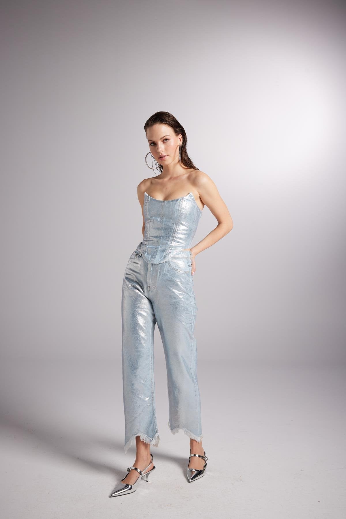 Özel Yapım Parlak Kaplamalı Glossy Jean Pantolon Mavi