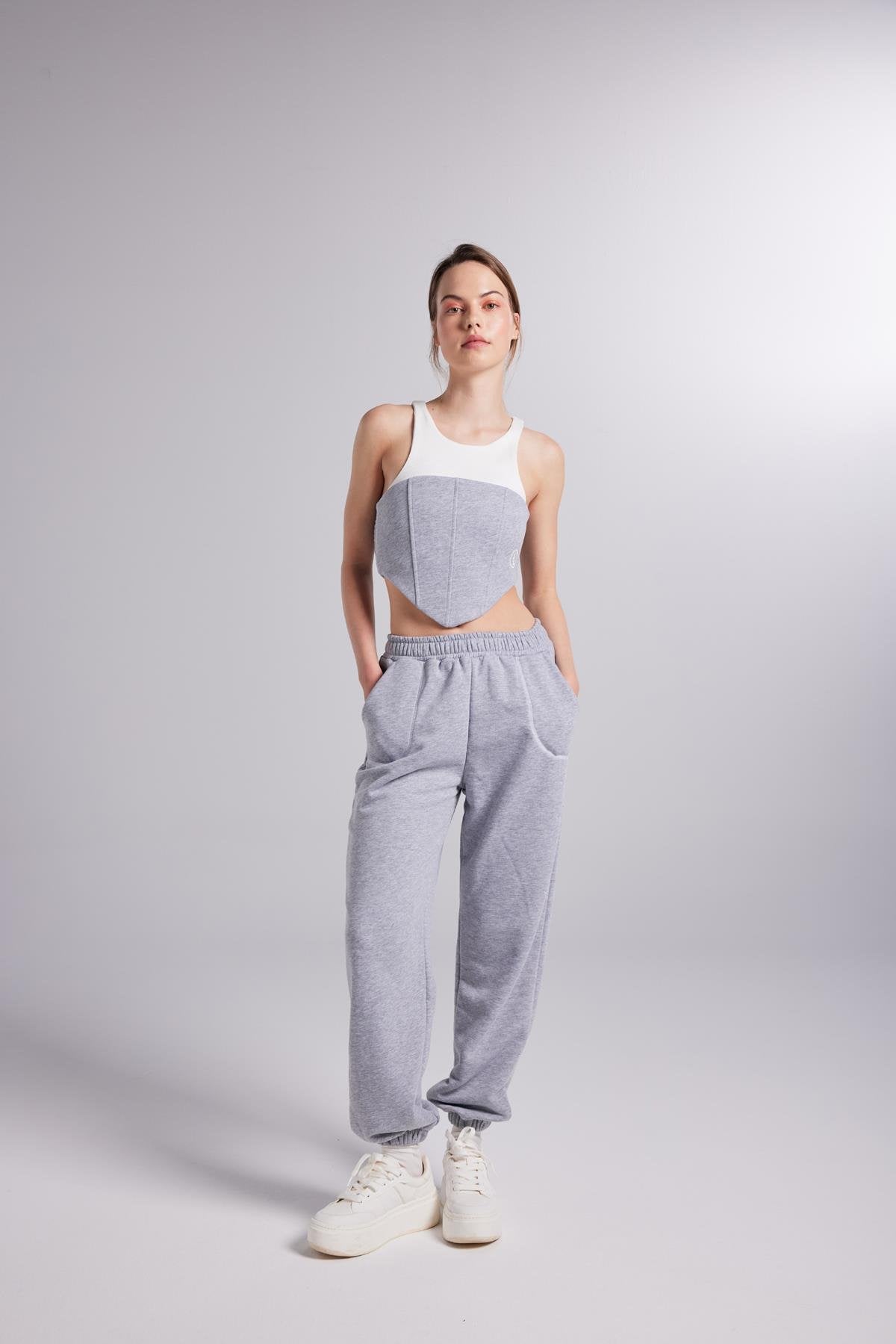 Paçası Lastikli Konstrast Dikişli Rhode Eşofman Altı Gri