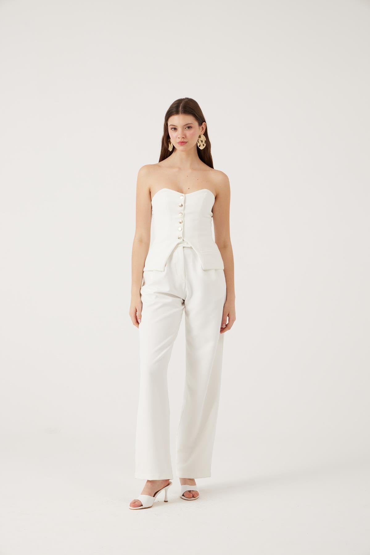 Palazzo Kesim Geniş Paça Harvey Pantolon Beyaz