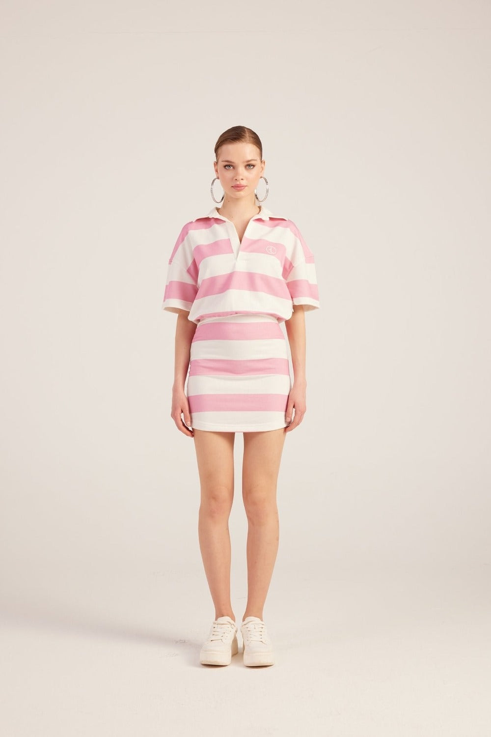 Polo Yaka Çizgili Mini Pamela Elbise Pembe