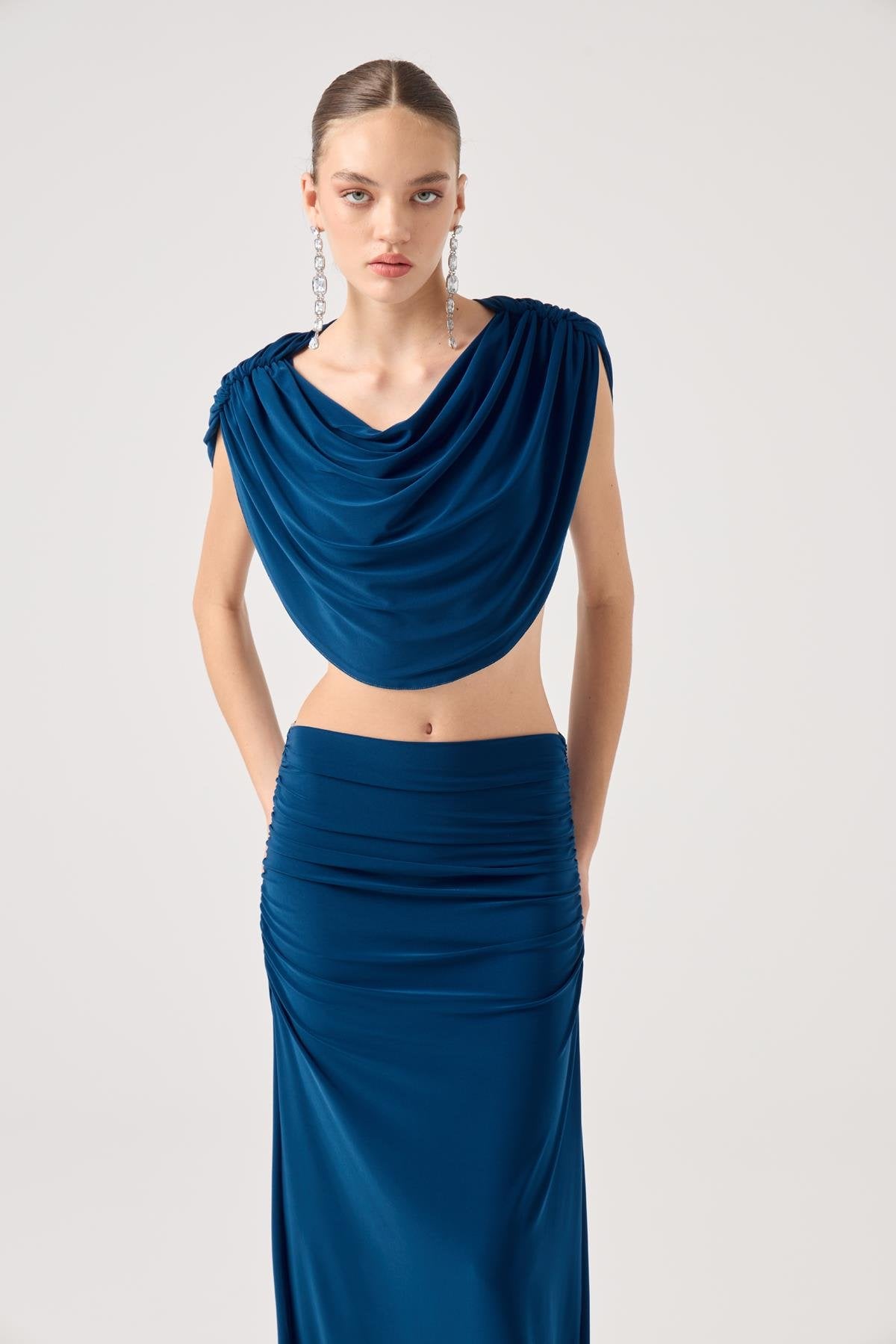 Pelerinli Askılı Büstiyerli Ve Uzun Etekli 3Lü Yulia Takım Mavi